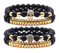 HYHONEY Micro Pave Zircon Crown King Charm 8mm Beads Bracelet for Men Women His and Hers Couple Bracelet Natural Black Matte Onyx Stone Hematite Beads Elastic Adjustable, One Size, Stone, zircon