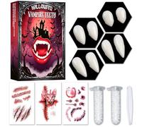 Hyhuiyin 4 Pairs Vampire Teeth Set, 4 Size Fangs For Cosplay Halloween with 2 Tube Teeth Pellets Adhesive 3 Stickers and a Tweezers For Cosplay Party Props Halloween Horror Party Fangs Gift Box Design
