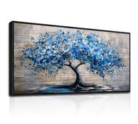 hyidecorart Black Framed Canvas Wall Art for Living Room Large, 20"x40" Blue Flower Tree of Life Bedroom Decor Aesthetic, Modern Paintings Artwork Wall Decorations for Office Hallway Dining Room