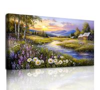 hyidecorart Canvas Wall Art for Living Room Large, 29"x57" XXL Colorful Flowers by the River Pictures Prints, Modern Bedroom Decor Aesthetic, Countryside Wall Decorations for Bathroom Dining Room