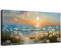 hyidecorart Canvas Wall Art for Living Room Large, 30"x60" XXL Daisy Seagull Pictures Prints, Sunrise on the Coast Bedroom Decor Aesthetic, Modern Wall Decorations for Office Bathroom Dining Room