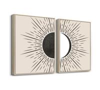 hyidecorart Wooden Framed Boho Canvas Wall Art for Living Room, Sun and Moon Abstract Black Lines Beige Geometry Nordic Minimalist Modern Artwork Pictures Bedroom Kitchen Dining Room Office Bathroom