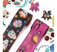 Hying 2 Rolls Mexican Days of The Dead Ribbons for Wreath Bows, Mexican Wired Edge Ribbons Purple Black Burlap Ribbon Halloween Skull Skeleton Craft Ribbons for Gift Wrapping Dia De Los Muertos Decor