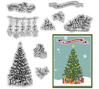 Hying Christmas Trees Sleigh Clear Stamps for Card Making, Xmas Hanging Snowflake Stars Rubber Stamps Happy New Year Words Transparent Stamp Seal for Crafting DIY Scrapbooking Photo Album Decor