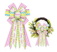 Hying Large Easter Bows for Wreath, Happy Easter Egg Bow for Front Door, Green Yellow Pink Stripe Rabbit Wreath Bows for Party Decor Indoor Outdoor Wall Decoration Supplies Ornament
