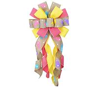 Hying Large Easter Wreath Bows for Front Door, Flaxen Yellow Pink Burlap Ribbon Bow Easter Bunny Bows Holiday Spring Bow Tree Topper Bows for Easter Party Decorations Supplies