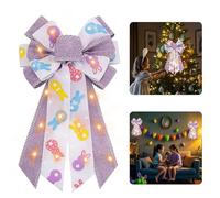 Hying Large LED Easter Bows for Wreath, Easter Bunny LED Wreath Bow White Purple Burlap Bows with LED Lights Farmhouse Tree Topper Bows for Front Door Easter Baby Shower Supplies