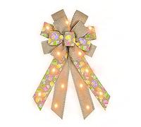 Hying Large LED Easter Bows for Wreath, Easter Eggs Wreath Bows with LED Light Natural Burlap Ribbon Bow LED Holiday Spring Tree Topper Bows for Front Door Easter Party Decorations Supplies