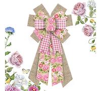 Hying Large Spring Flowers Bows for Wreath, Spring Holiday Wreath Bows Pink Natural Burlap Bows Red Buffalo Plaid Bow Farmhouse Craft Bows for Front Door Spring Birthday Party Decorations Supplies