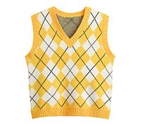 Hyipels Argyle Sweater Vest Women Y2K Plaid Knitted Streetwear Preppy Style V Neck Crop Knitwear Tank Top for Girl, Argyle2 Yellow, M