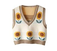 Hyipels Argyle Sweater Vest Women Y2K Plaid Knitted Streetwear Preppy Style V Neck Crop Knitwear Tank Top for Girl, B Beige-sunflower, M