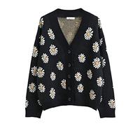 Hyipels Women's Long Sleeve Cardigan Sweater,Cute Y2K Top Knit Colorful Patterned V Neck Button Outwear S~XL, B Daisy-black, L
