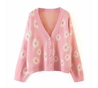 Hyipels Women's Long Sleeve Cardigan Sweater,Cute Y2K Top Knit Colorful Patterned V Neck Button Outwear S~XL, B Daisy-dusty Pink, M