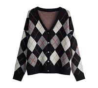 Hyipels Women's Long Sleeve Cardigan Sweater,Cute Y2K Top Knit Colorful Patterned V Neck Button Outwear S~XL, Argyle 2 Black, One size