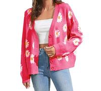 Hyipels Women's Long Sleeve Cardigan Sweater,Cute Y2K Top Knit Colorful Patterned V Neck Button Outwear S~XL, B Daisy-hot Pink, L