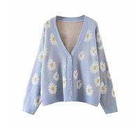 Hyipels Women's Long Sleeve Cardigan Sweater,Cute Y2K Top Knit Colorful Patterned V Neck Button Outwear S~XL, B Daisy-baby Blue, L