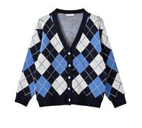 Hyipels Women's Long Sleeve Cardigan Sweater,Cute Y2K Top Knit Colorful Patterned V Neck Button Outwear S~XL, Argyle 2 Navy, L