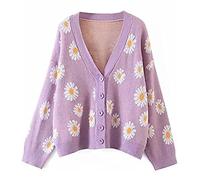 Hyipels Women's Long Sleeve Cardigan Sweater,Cute Y2K Top Knit Colorful Patterned V Neck Button Outwear S~XL, B Daisy-purple, M