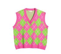 Hyipels Women's Sweater Vest,Y2K Sleeveless Pattern Preppy Style Knitted Crop Tank Top for Girl, Argyle2 Hot Pink+green, Small