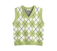 Hyipels Women's Sweater Vest,Y2K Sleeveless Pattern Preppy Style Knitted Crop Tank Top for Girl, Argyle2 Mint Green, Small