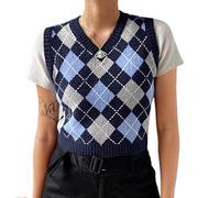 Hyipels Women's Sweater Vest,Y2K Sleeveless Pattern Preppy Style Knitted Crop Tank Top for Girl, Navy-blue-grey, M