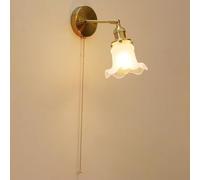 HYJAUSXB Vintage Wall Sconce Light with Pull Switch Brass Lights Fixture Retro E14 Industrial Bell-Flower Glass Shade Lamp Hard Wired Sconces Lighting for Mirror Bedroom Bathroom Hallway
