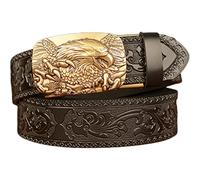 HYJTYA Men's Genuine Leather Ratchet Adjustable Belt 3D Eagle Sliding Buckle Vintage Leather Engraved Dress Casual Belt, Gold Black, Adjustable from 28" to 43" Waist