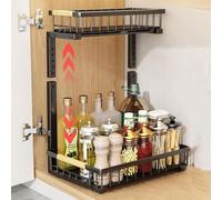Hykiee Metal Under Sink Storage, 2 Tier Height Adjustable Kitchen Organiser with 2 Pull Out Drawers and 4 Non-Slip Pads, Spice Rack Undersink Shelf Under Cabinet Cupboard Organisation for Bathroom