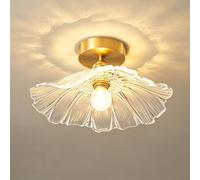 HYKISS French Style Flush Mount Ceiling Light Lotus Leaf Shaped Glass Semi Flush Ceiling Lamp with Brass Base Textured Glass Lampshade E27 Socket Suitable for Entryway Hallway Walk-in Closet