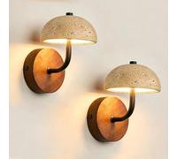HYKISS Wabi Sabi Mushroom Wall Sconce 12W LED Natural Yellow Travertine Wall Lamp with Solid Wood Base Vintage Decorative Wall Light Bedside Wall Sconce for Bedroom Living Room Hallway(2-Pack)