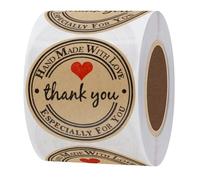 Hylabelest 2" Inch Round Kraft Paper Thank You Hand Made with Love with Red Heart Stickers (Kraft, 51mm)
