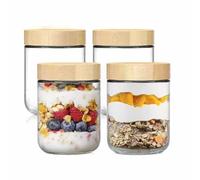 Hylruu 4-pack 16 oz Overnight Oats Containers with Bamboo Lids, Glass jars with Airtight Lids, Wide mouth Mason Salad jars, Glass Food Storage Containers for Snacks Yogurt Spice Sugar pots