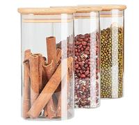 Hylruu Square Glass Storage Jars with Bamboo Lids 700ML Set of 3 - High Borosilicate Glass Airtight Kitchen Food Canisters Cylinder Clear Preserving Seal Containers with Lid