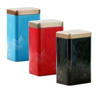 Hylruu Tea Coffee Sugar Canisters, 3 Piece of Metal Food Storage Tin, 1200ml Canister Set with Metal Tray, Dry Food Storage Containers Red&Blue&Green