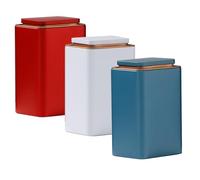 Hylruu Tea Coffee Sugar Canisters, 3 Piece of Metal Food Storage Tin, 750ml Canister Set with Metal Tray, Dry Food Storage Containers Red&Blue&White