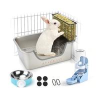 HYLYUN 4-in-1 Rabbit Toilet Stainless Steel Large 40 x 30 cm, Complete Set with Hay Rack, Water Dispenser & Feeding Bowl, Low Odour, Easy to Clean, Rodent Safe, Rabbit & Guinea Pig Cage Accessories
