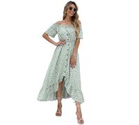 HYMART Dresses Maxi Dress for Women Off Shoulder Ditsy Floral Print Short Sleeve Frill A Shape Pleated Casual Dress-green-m