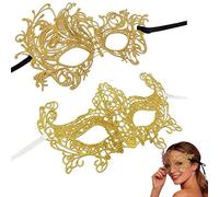 HYMC 2pcs Sexy Golden Lace Masquerade Mask for Women, Adjustable & Universal Size, Soft Comfortable Venetian Style Masks for Party Evening Prom Ball Bachelorette Party Costume Accessories