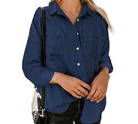 HYMCX Denim Shirt Women's Long Sleeve Button Down Blouse Fashion Spring Autumn Lightweight Jacket With Pockets (Color: Dark Blue, Size: M)