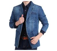 HYMCX Men's Denim Suit Jacket Cotton Loose Daily Suits Sports Coat Classic Slim-Fit with Pockets Long-Sleeved Blazer (Color : Blue, Size : M)
