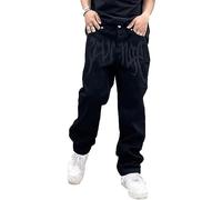 HYMCX Men's Jeans Pants Y2K Printed Baggy Hip Hop Jeans Straight Leg Washed Vintage Denim Pants Teenage Boys Skateboard Pants Streetwear (Color : Black, Size : S)