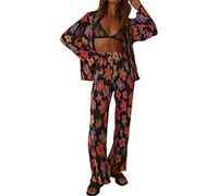 HYMCX Women 2 Piece Pleated Pants Set Floral Print Button Down Long Sleeve Shirt Blouses Tops Wide Leg Pants Streetwear (Color : Black B, Size : M)
