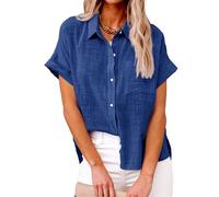 HYMCX Womens Button Down Denim Shirt Short Sleeve Casual Shirts Plus Size Tops Loose Fit Jean Jacket Blouses (Color : Navy blue, Size : L)