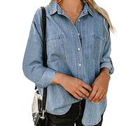 HYMCX Women's Long Sleeve Button Down Denim Blouse Fashion Spring Autumn Lightweight Jacket with Pockets (Color : Light blue B, Size : XL)