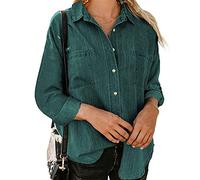 HYMCX Women's Long Sleeve Button Down Denim Blouse Fashion Spring Autumn Lightweight Jacket with Pockets (Color : Dark Green, Size : XXL)