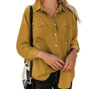 HYMCX Women's Long Sleeve Button Down Denim Blouse Fashion Spring Autumn Lightweight Jacket with Pockets (Color : Yellow, Size : XL)