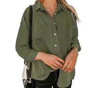 HYMCX Women's Long Sleeve Button Down Denim Blouse Fashion Spring Autumn Lightweight Jacket with Pockets (Color : Army Green, Size : XL)