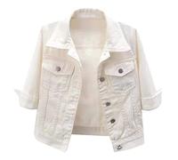 HYMCX Women's Short Sleeve Cropped Denim Jacket 3/4 Sleeve Ripped Distressed Jean Jackets Coat (Color : White, Size : XXL)