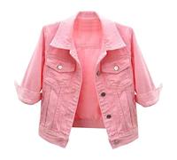 HYMCX Women's Short Sleeve Cropped Denim Jacket 3/4 Sleeve Ripped Distressed Jean Jackets Coat (Color : Pink, Size : 3XL)