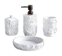 Hymmah Bathroom Accessories Set,Rose Design Bathroom Set,Farmhouse Bathroom Decor,4 Pcs Resin Gift Set Apartment Necessities, Contain Cotton Swab Jar,Soap Dispenser,Soap Dish,Tumbler White